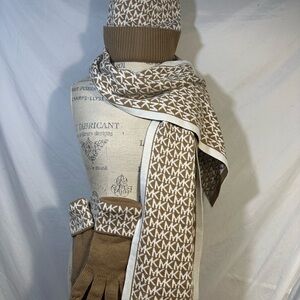 Michael Kors Tan & White MK Logo Knit Scarf, Beanie & Gloves Set